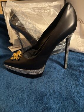 Versace Black Crystal-Trimmed Platform Stiletto Pumps with Gold Medusa Accent